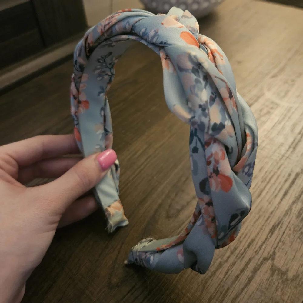 Light blue Braided Headband with Peach color Foral design